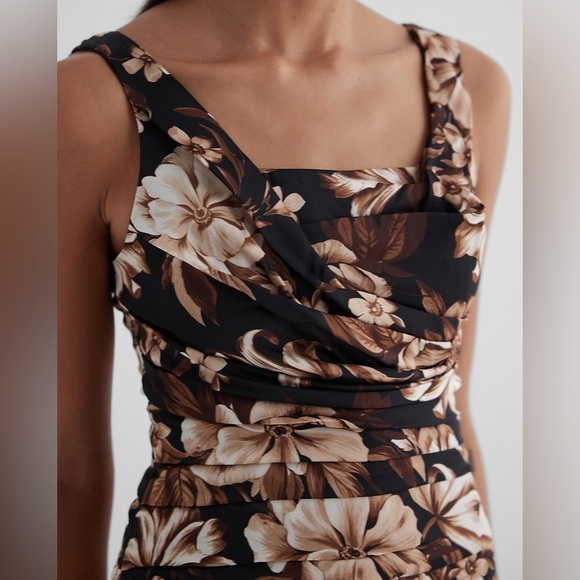 Express Elegant Ruched Floral Midi Dress – Black, Brown & Beige – size 4 - Picture 3 of 16